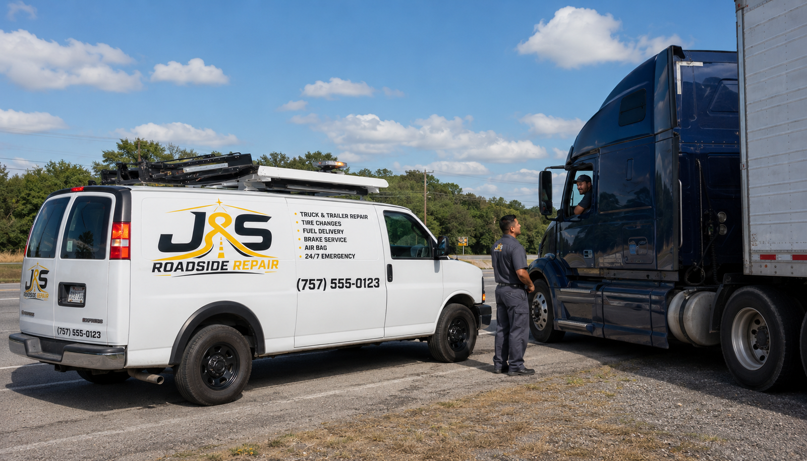 J&S service van with hazard lights on at a roadside breakdown on a dark highway at night