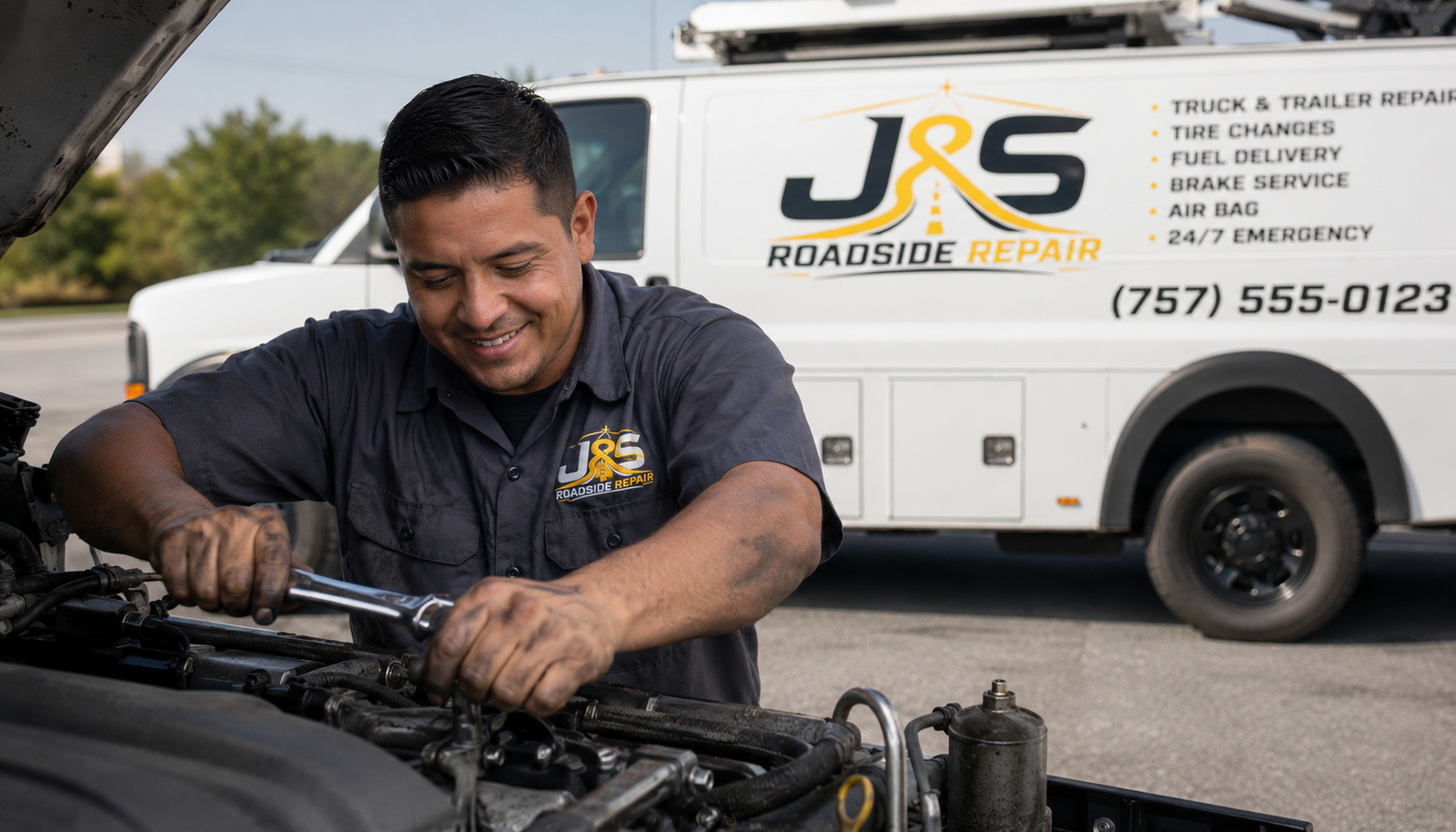 J&S mechanic in gray uniform with logo on chest, diagnosing a heavy-duty diesel engine at night under a portable work light